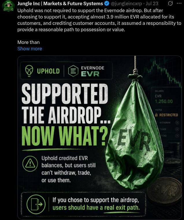 Jungle Inc Post About Evernode Airdrop On Uphold