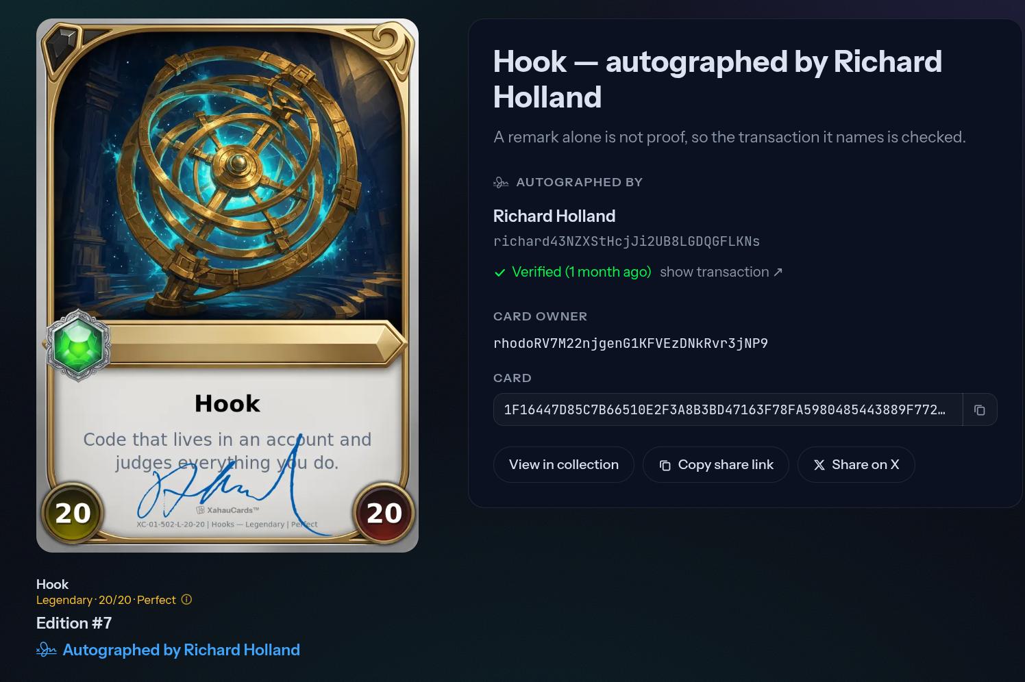Legendary Hook Card Autographed By Richard Holland